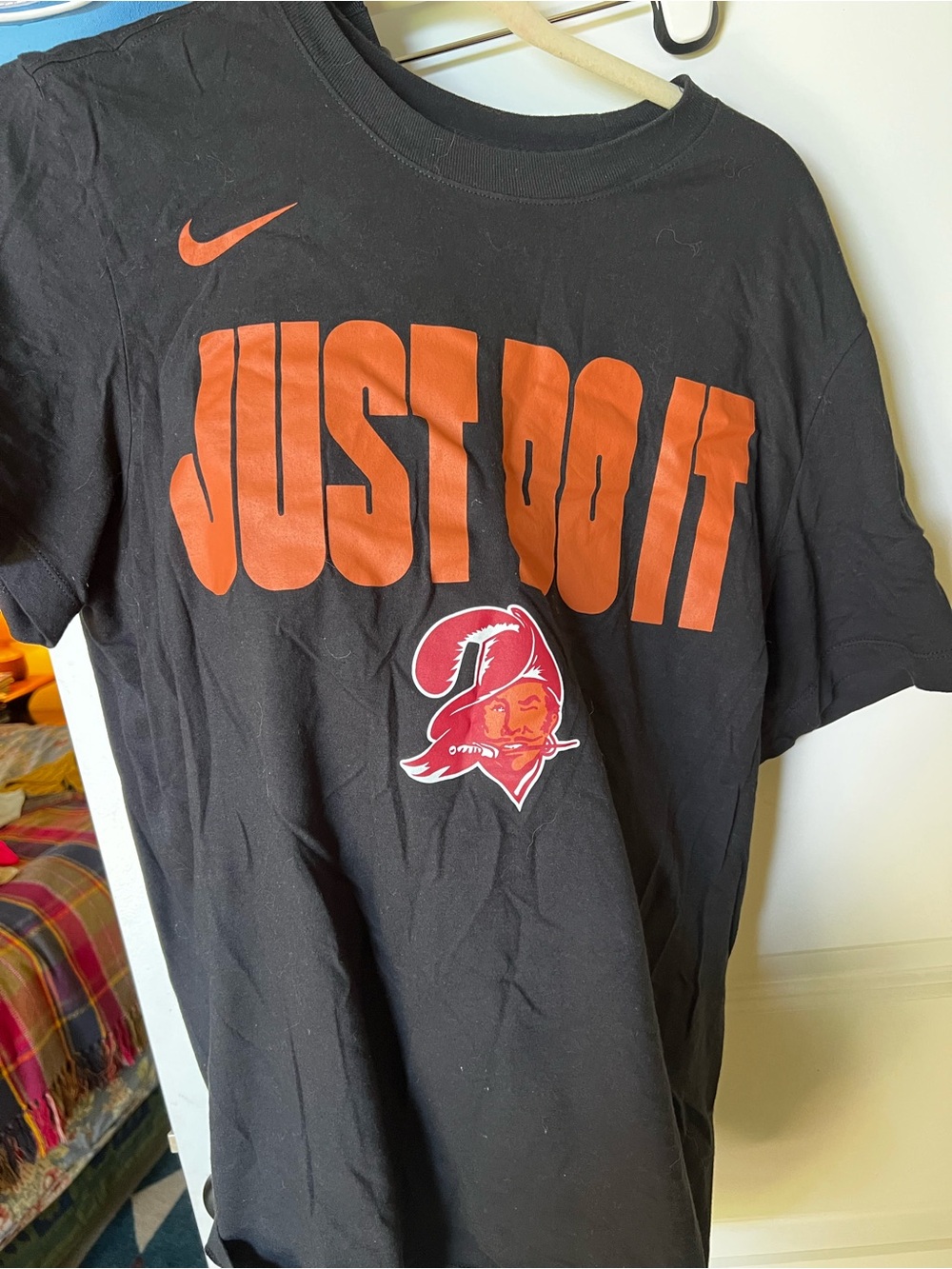 Bucs Nike Black Tee with Orange "JUST DO IT" and Red Mascot
